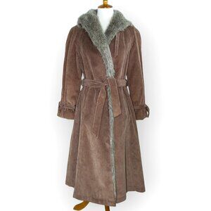 Vintage 90s London Fog Corduroy Coat Size 10 Brown Faux Fur Lined Penny Lane